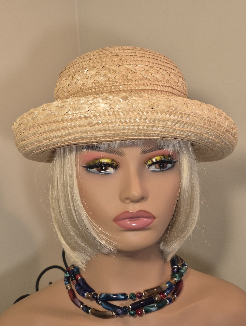 Vintage Rolled Brim Straw Bowler Hat Made In Italy Summer Resort Sun Travel